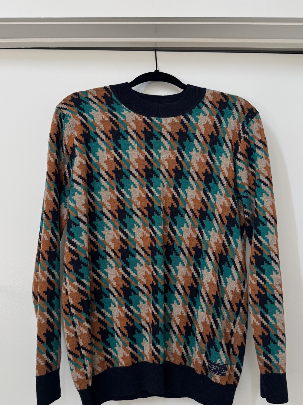 Scotch & Soda Teal Brown Black & Cream Houndstooth Crewneck Sweater